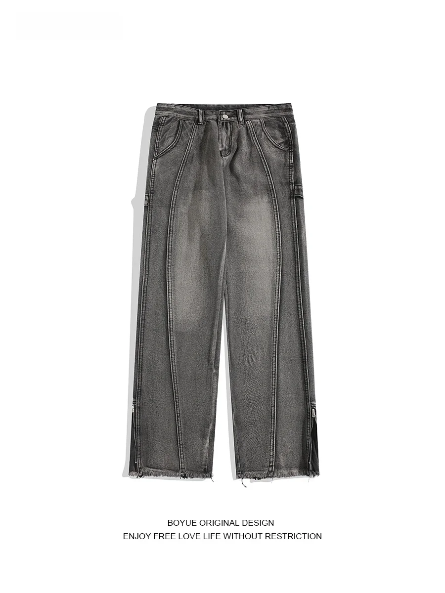

Boyue Water Waed Zipper Slit Jeans American Retro Frayed Street Dance Casual Dad Long Pants Straight Leg Loose Fit Jeans