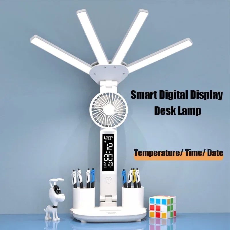 3 em 1 lâmpada de mesa multifuncional led dobrável de quatro cabeças com ventilador calendário relógio usb recarregável luz de mesa lâmpada de leitura de 3 cores