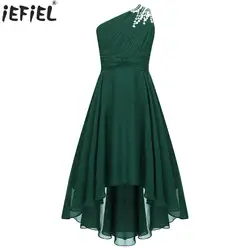 Kids Wedding Flower Girls Dress Shiny Beaded One Shoulder Chiffon Princess Dress Elegant Evening Pageant Birthday Party Gown