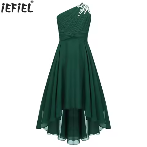 Kids Wedding Flower Girls Dress Shiny Beaded One Shoulder Chiffon Princess Dress Elegant Evening Pageant Birthday Party Gown