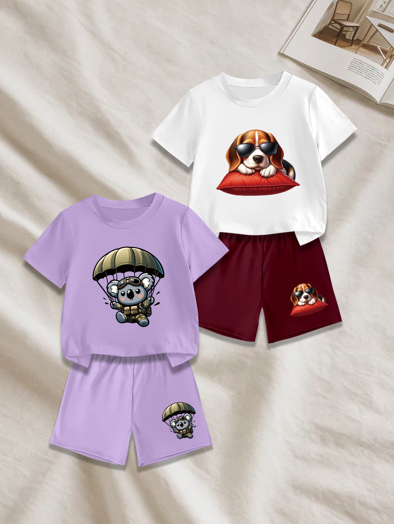 

Комплект из 4 предметов: летняя повседневная футболка и шорты для мальчиков с принтом мультяшной коалы, парашюта и бигля на подушке.