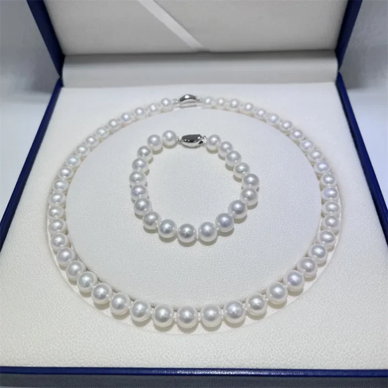 

Ожерелье из натурального белого жемчуга диаметром 9-10 мм и браслет 7,5 дюйма, бесплатная доставка, вневременные свадебные украшения для женщин