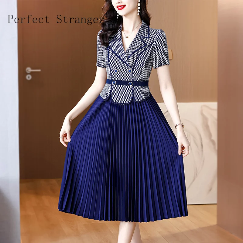 2024 Summer New Women  Three House Pleated Turn-down Collar Short Sleeve  Fake Two Piece Pleated Women Long Dress