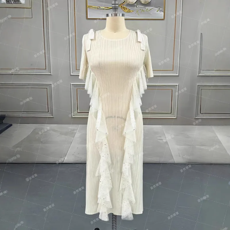 Miyake Middle East Plus Size Clothing Women Summer White Dress Pleated Long Dress Simple Loose with Stretch African Prom Women's