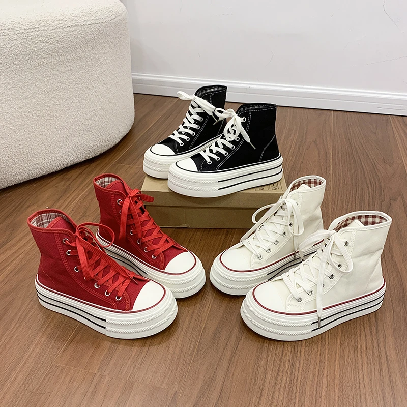 Young Women Fashion Design Chunky Platform Sneaker High Top Canvas Shoes Girls Student Two Way Wear Skate Shoes Thick Sole