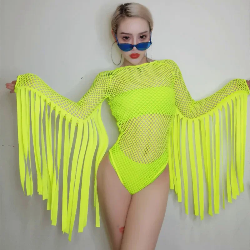 Jazz Dance Costume Neon Green Tassel Jumpsuit Nightclub Gogo Dancer Stage Hip Hop Clothes Dj Suit Female Rave Bodysuit