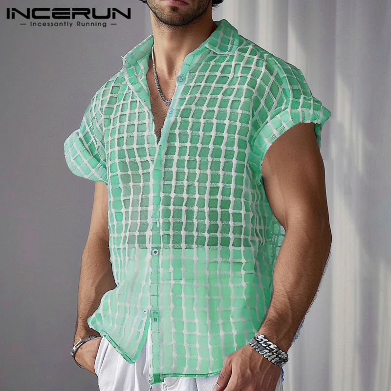 Incerun-camisa xadrez com manga curta e botão para homens, streetwear casual, transparente, moda, verão, 2022