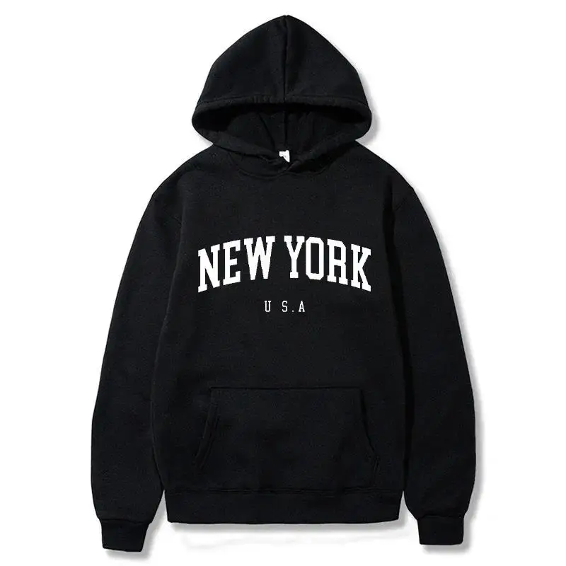 NEW YORK Letter U.S.A City Print Hoody Men Fashion Casual Long Sleeves Hooded Loose Oversize Pullover Hoodie Street Sweatshirt