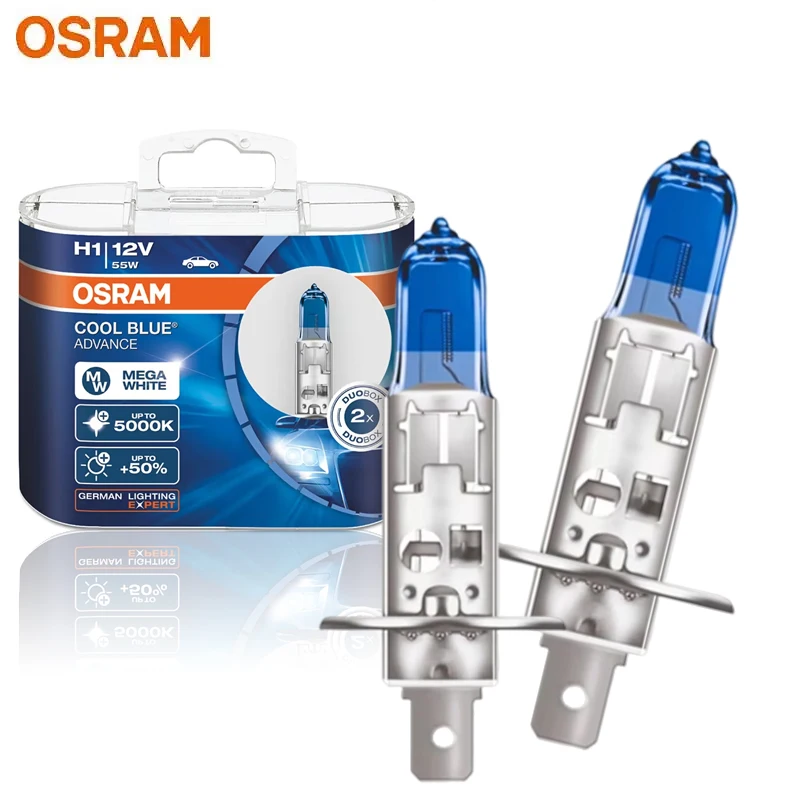 OSRAM H1 62150CBA Halogen Cool Blue Advance 12V 55W Car Original Headlight 5000K White Light +50% Brighter, Pair