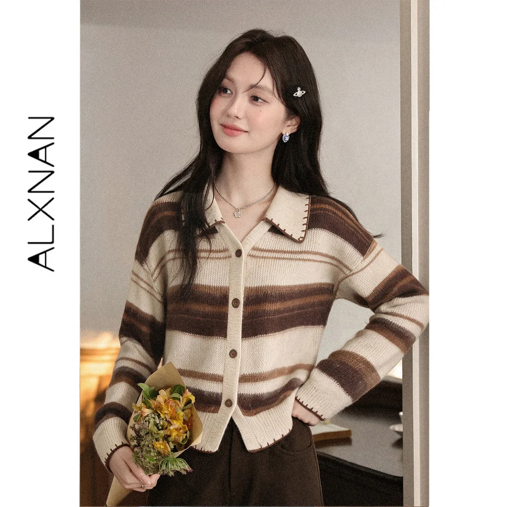ALXNAN Women's Light Brown Striped Knit Cardigan Lapel Collar Color Block Button Front Slimming Casual Autumn 2026 L682202A