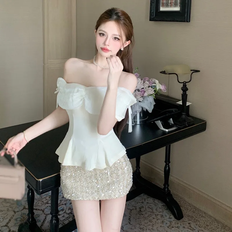 Women\'s Blouse Summer French Sweet One-Shoulder Bow Tie Short Sleeve Chiffon Slim Dew Neck Bubble Sleeve Short Sleeve Top