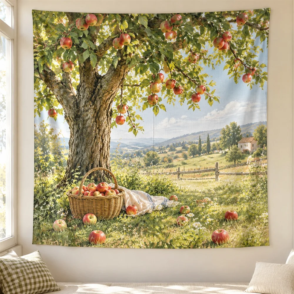 VIKAMA Under the Apple Tree Tapestry Wall Hanging, Country Wall Decor Tapestries for Nursery Kids Room Bedroom Living Room