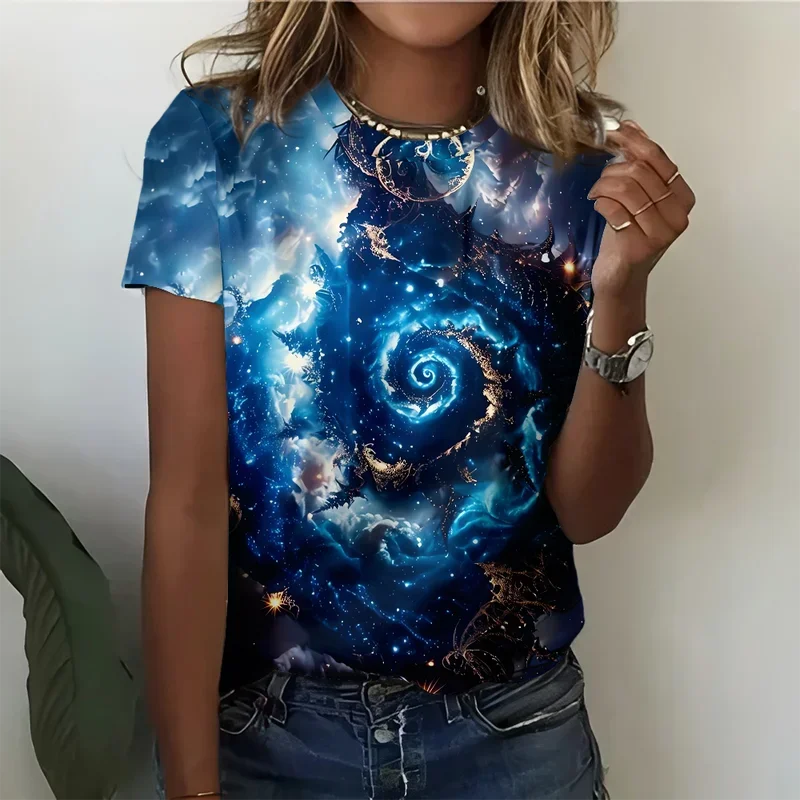 

Dreamy Starry Sky Galaxy Art Women's T-shirt Casual Fashion Loose Comfortable Deep Blue Short Sleeve
