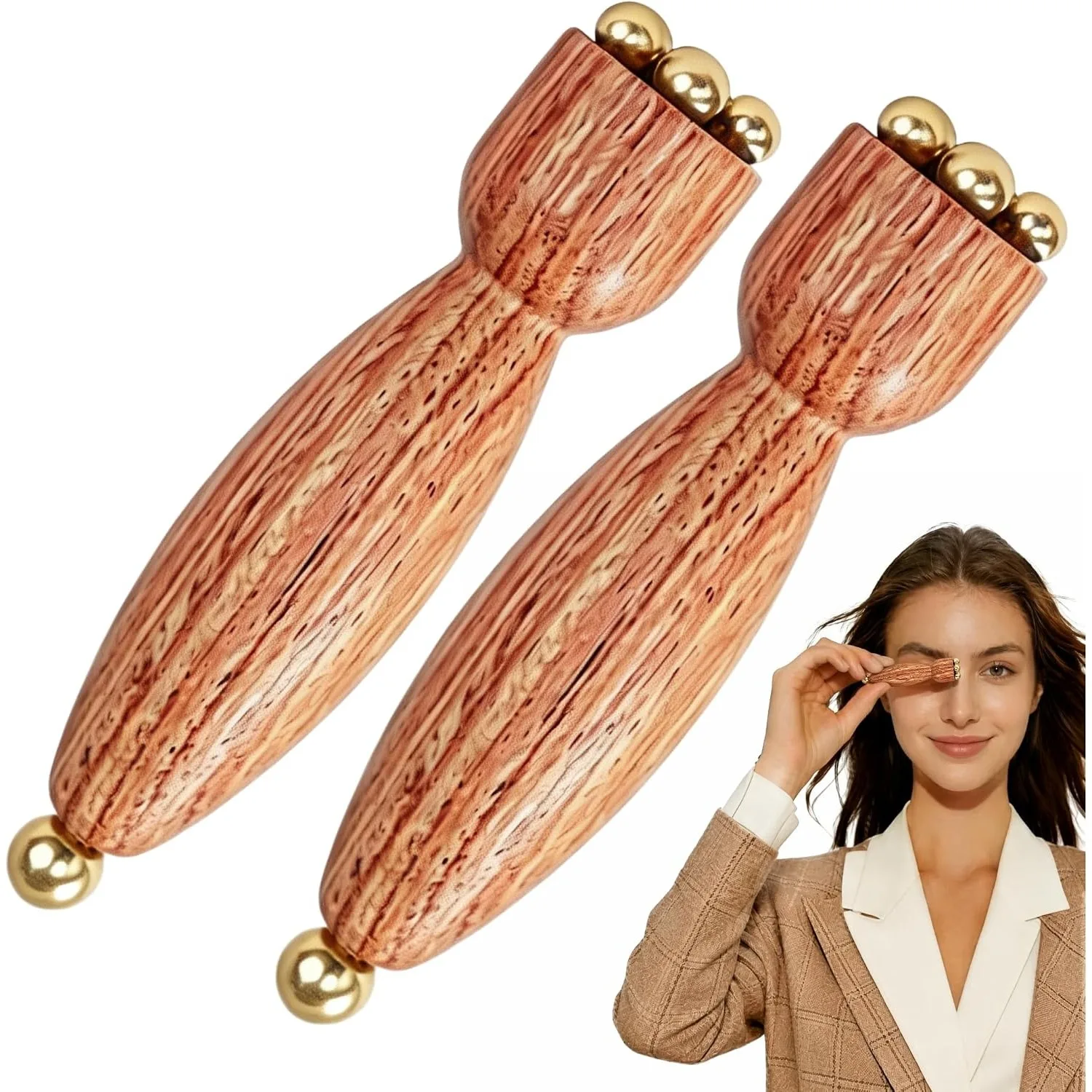 Rosewood Gua Sha and Double Ended Eye Massager with Heat Conducting Brass Beads to Reduce Puffiness and Dark Circles