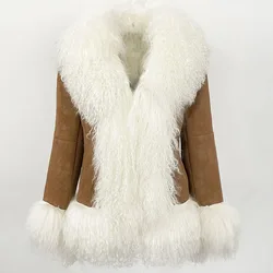 OFTBUY Autumn Winter Women Coat Real Natural Mongolia Sheep Fur Turn-down Collar New Fashion Jacket Thick Warm Casual Overwear