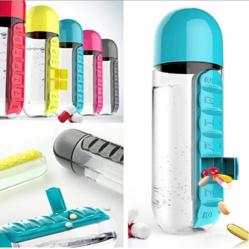 

Plastic Water Bottle with 7 Grids, Medicine Box, Sports Cup, Daily Pill Boxes Organizer, Drinking Bottles, 2 in 1, 600ml