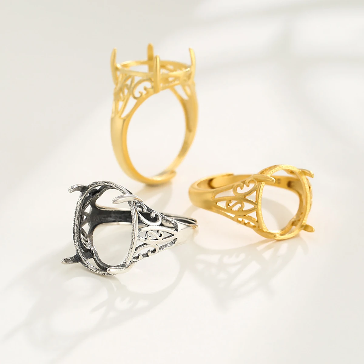 S925 Silver Open Adjustable Rings Oval Cabochon Emerald Turquoise Beeswax Settings For DIY Making Jewelry Gift for Women