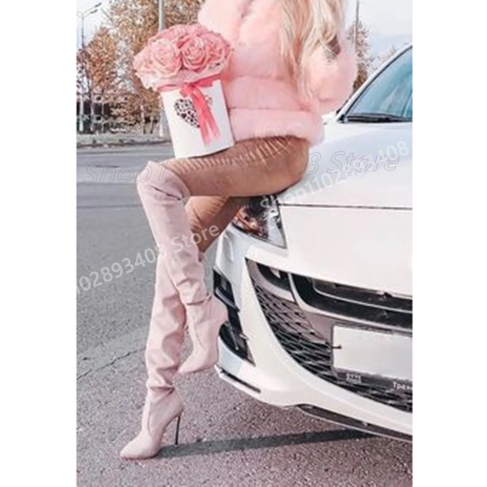 

Light Pink Matte Leather Over the Knee Boots Metal Stiletto High Heel Pointy Sexy Women Shoes 2025 New Spring Party Para Mujere
