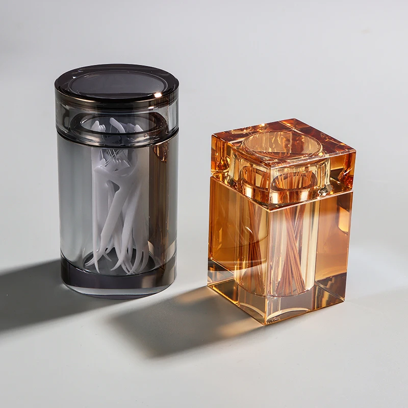 Amber Clear Glass Toothpick Box Square Crystal Glass Toothpick Holder with Lid Simple Home Cotton Swab Box Hotel Storage Jar