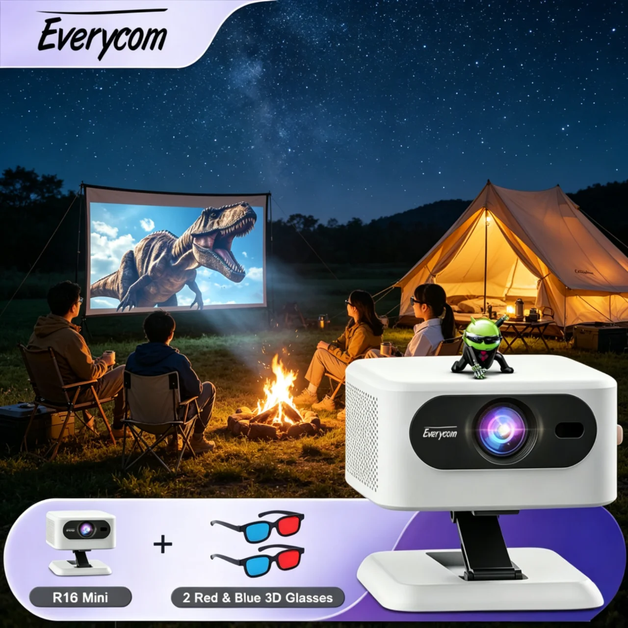 Everycom R16 Mini Projector+Two Red and Blue 3D Glasses 14000 Lumens Ultralight Portable Outdoor Camping Home Cinema Android12