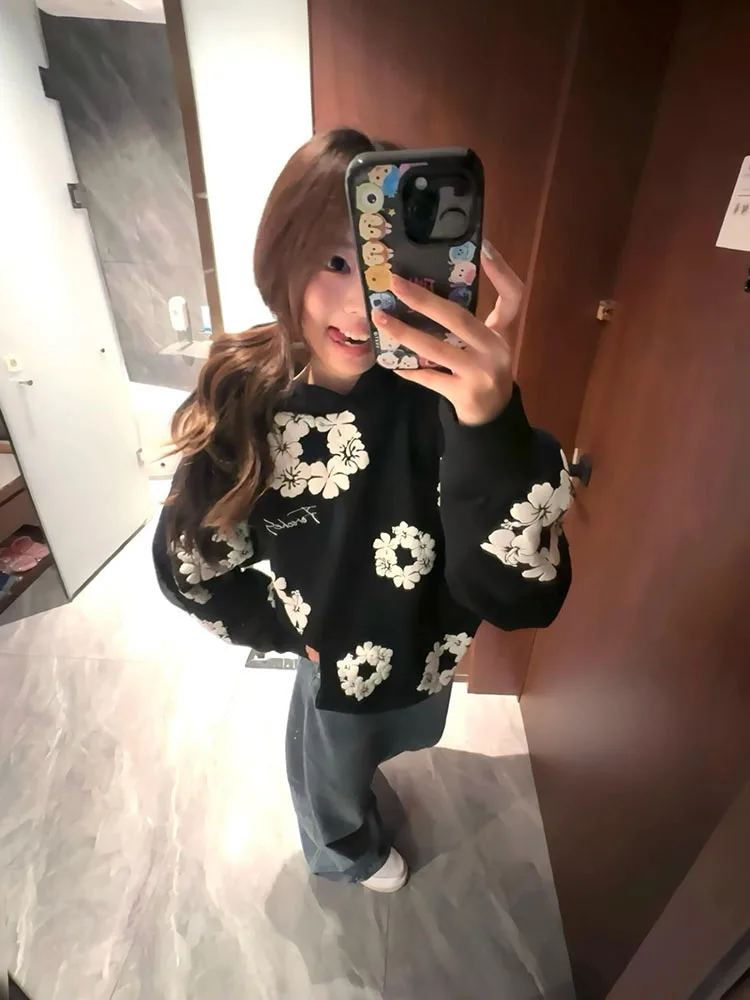 

Retro American Floral Foamed Print Hoodie Women's Thiened Loose Winter Outerwear Fce Lined Couple Jaets