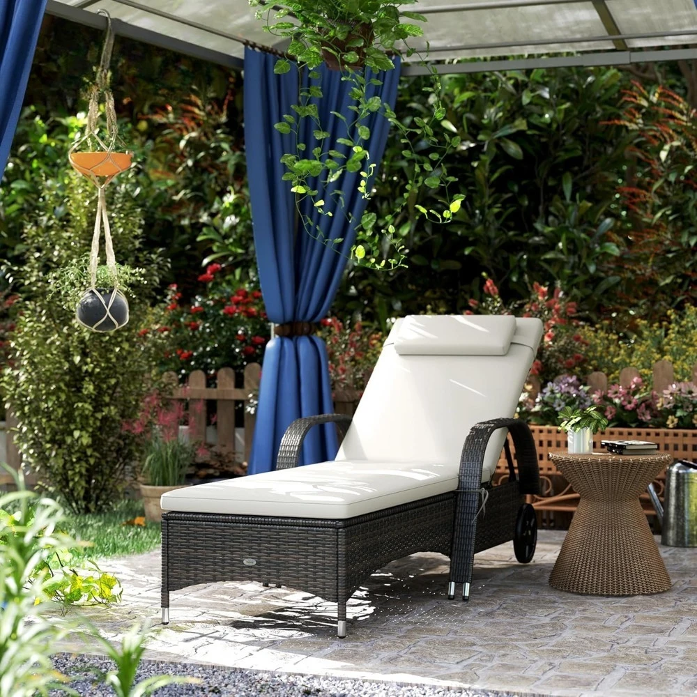 

Wicker Outdoor Chaise Lounge, 5-Level Adjustable Backrest PE Rattan Pool Lounge Chair with Wheels, Cushion &, Customized