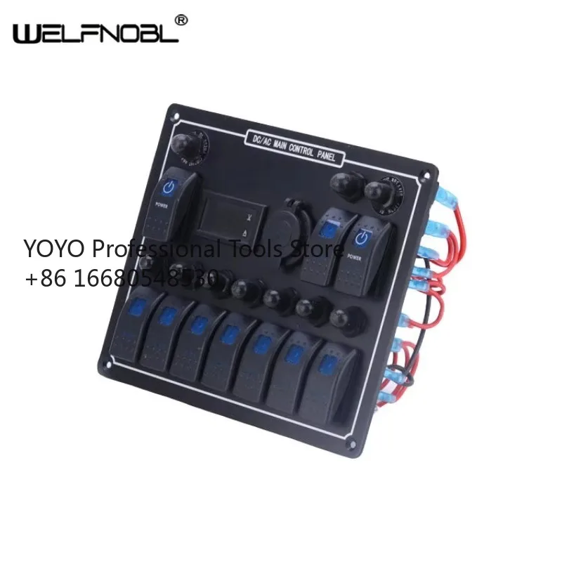 2fdBoat KCD Switch Panel Car Waterproof Digital Voltmeter Dual USB Port 12V Outlet Combination Marine LED Rocker 12 Gang