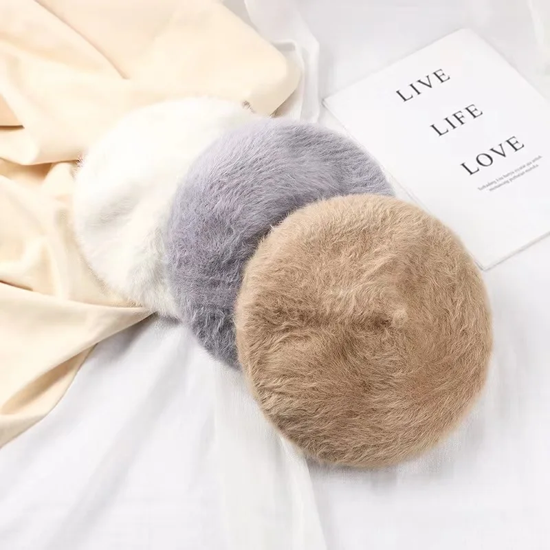 قبعة رسام نسائية للخريف والشتاء محبوكة على شكل أرنب من القطيفة بلون سادة كوري ياباني بريطاني عتيق على الطراز العصري