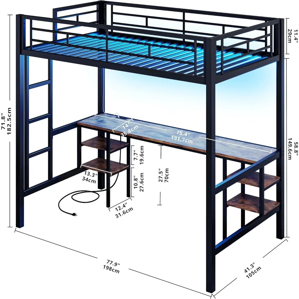 Loft Bed Desk com 4 prateleiras de armazenamento, cama tamanho gêmeo, tomada, LED iluminado, guarda de segurança e escada, economia de espaço