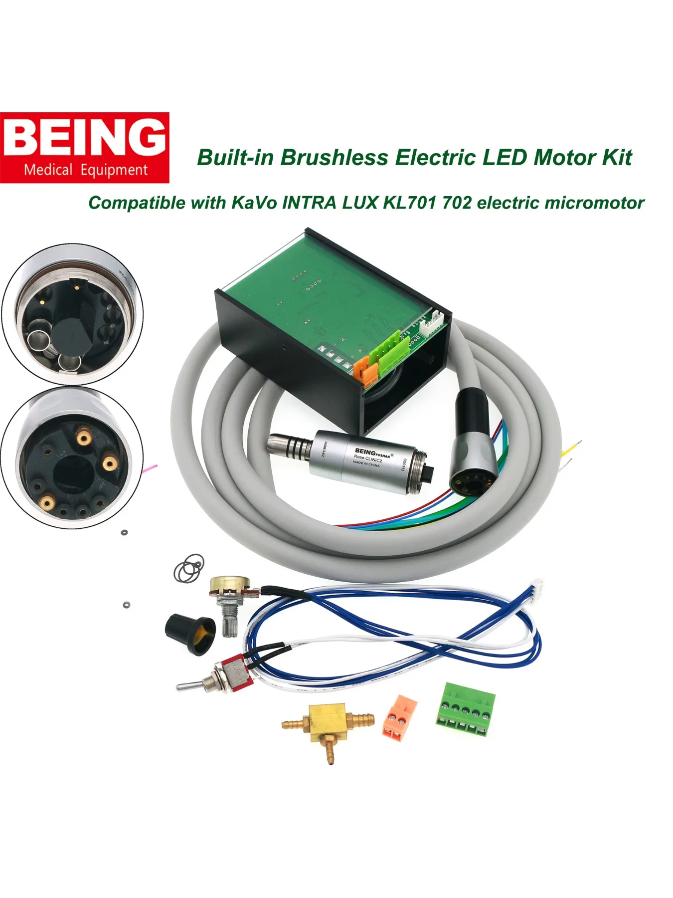 BEING Dental-LED-Motor, integrierter elektrischer bürstenloser Motor für 1:1 1:5-Glasfaser-Handstücke, passend für KaVo INTRA LUX KL701 702