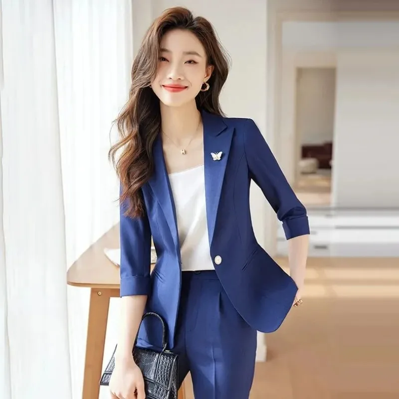 

Elegant Women Thin Summer Blazer Suit 3/4 Sleeve Blue Formal Business Workwear Tailored Pants Office Outfit S-3XL