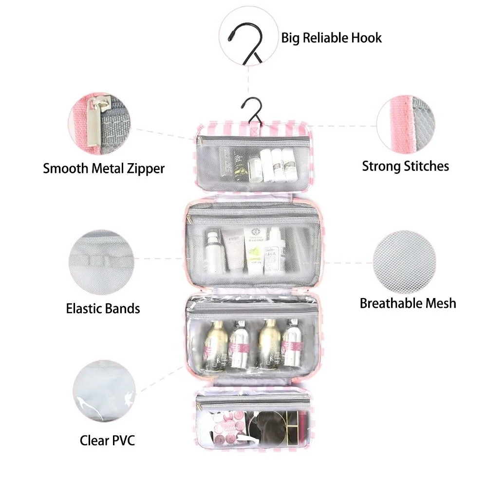 Tragbare Hängende Reise-Toilettentasche 4-fach Faltbar mit Haken Kosmetik-Organizer Große Kapazität Gestreifte Kosmetiktasche für Outdoor – Detail 7