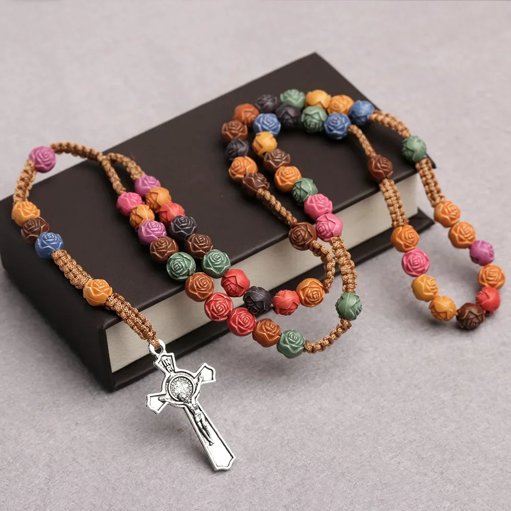 Fashionable Colorful Rose Sutra Cross Prayer Bead Pendants Vintage Handmade Catholicism Necklace Sweater Chain Jewelry