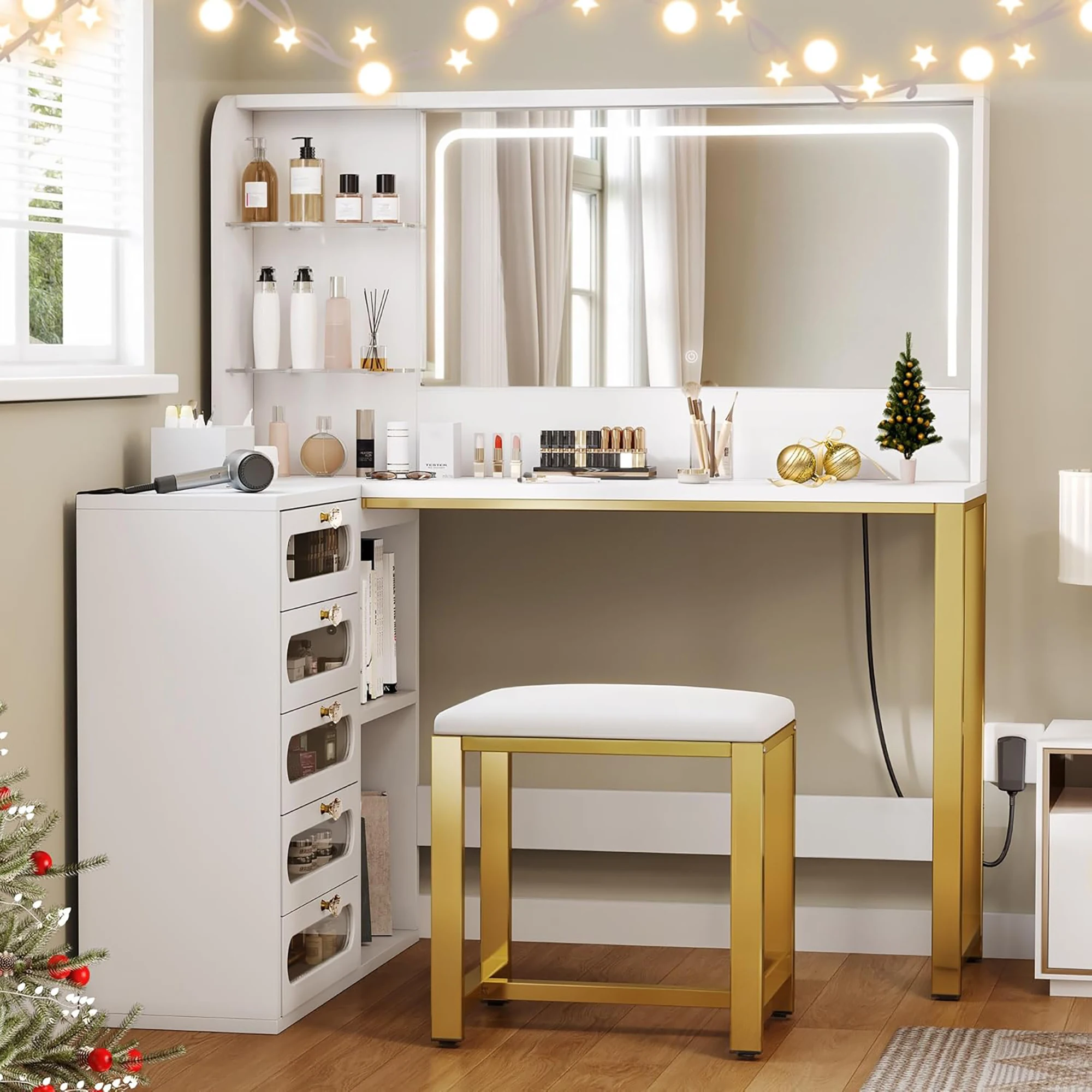 Rosahqnda LED-Beleuchtung Schminktisch mit einstellbarer Helligkeit Schminktisch mit Spiegel Kosmetiktisch mit Schubladen – Detail 28
