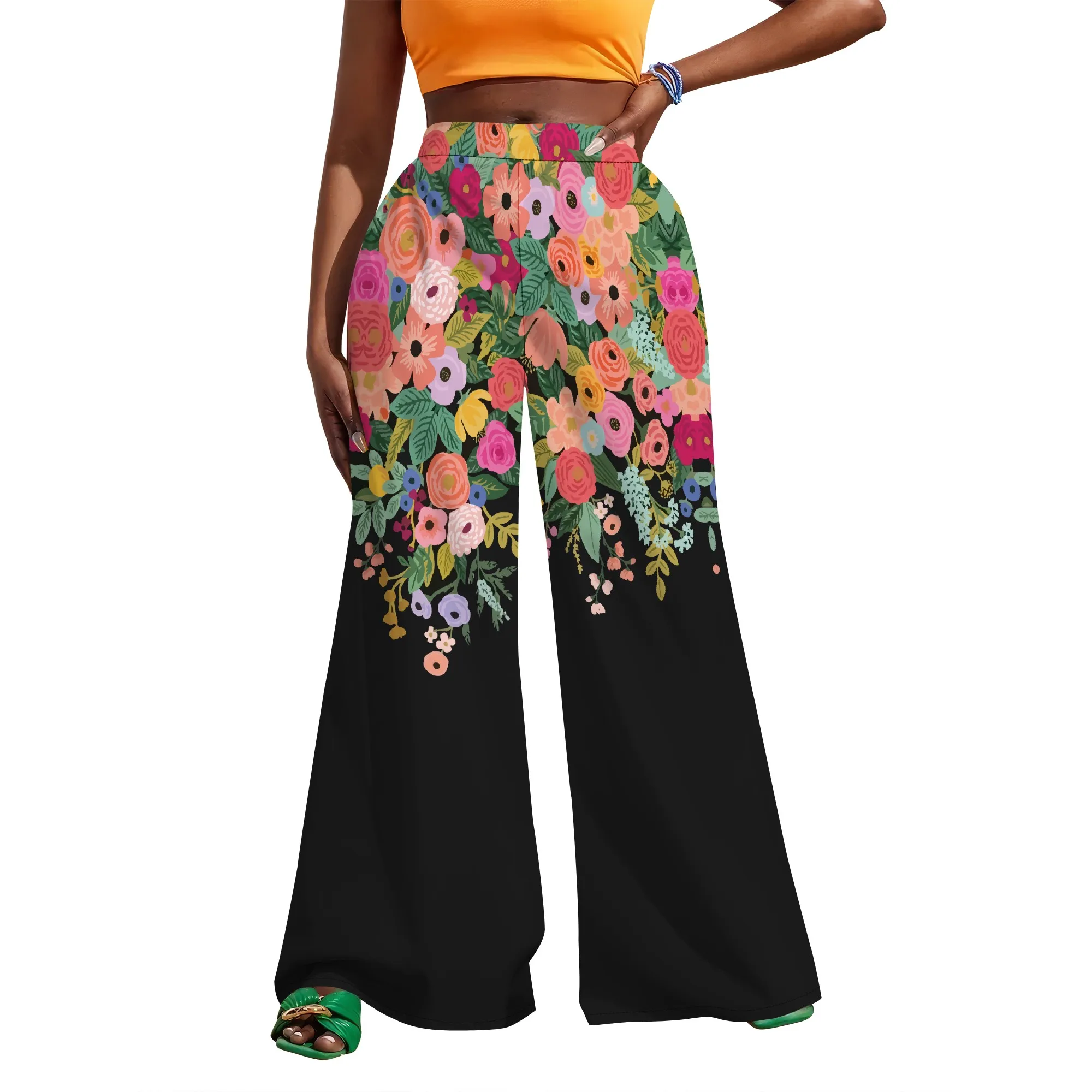 Colorful Patchwork Print Wide Leg Pants High Waist Bohemian Festival Streetwear Trousers
