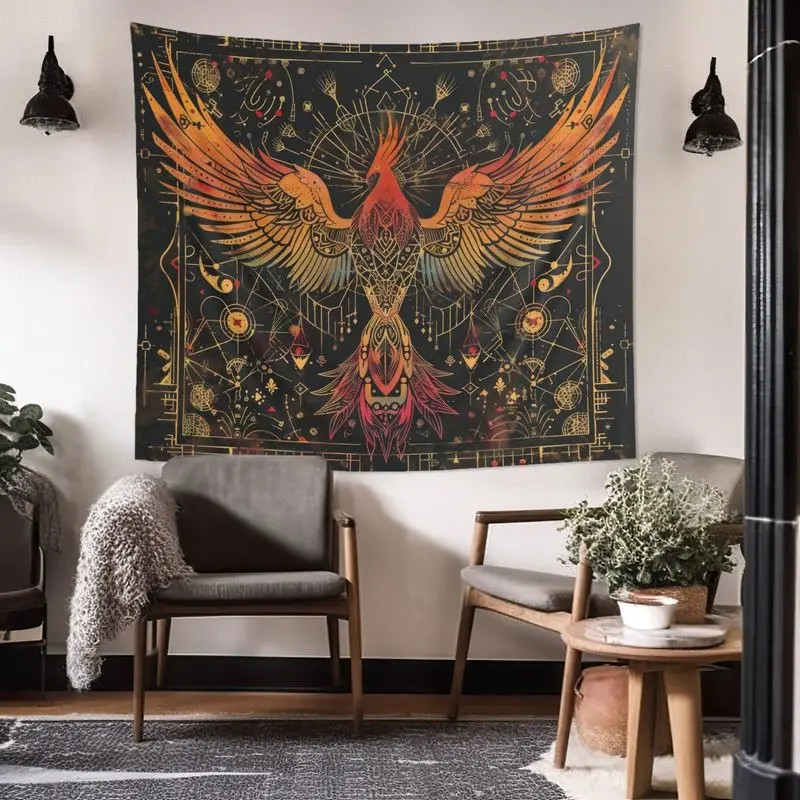VIKAMA Gold Red Phoenix Mystical Geometric Wall Tapestry Black Background Fire Bird Rising Sun Sacred Symbol Pagan Art Bedroom