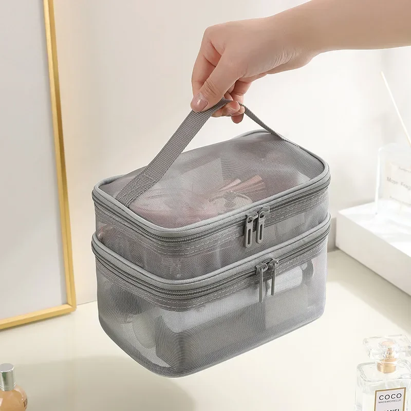 Pink Double Layer Mesh Cosmetic Bag Women Portable Make Up Case Big Capacity Travel Zipper Makeup Organizer Toiletry Storage Box