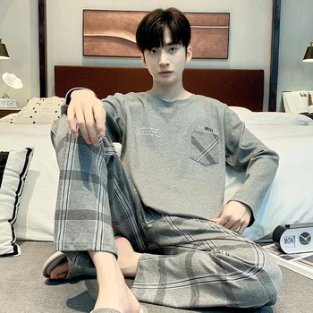 남성용 잠옷 면 긴팔 바지 세트, 심플하고 루즈한 피팅 캐주얼, 용수철 가을 및 겨울 청소년 홈웨어, 신상