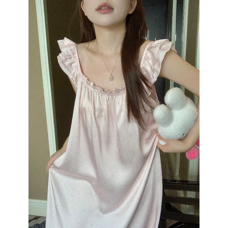 

Ice Silk Nightdress Women's Summer 2026 New Sweet Little Fly Sleeves Polka Dot Pajamas Loungewear Can Be Worn Outside Dress