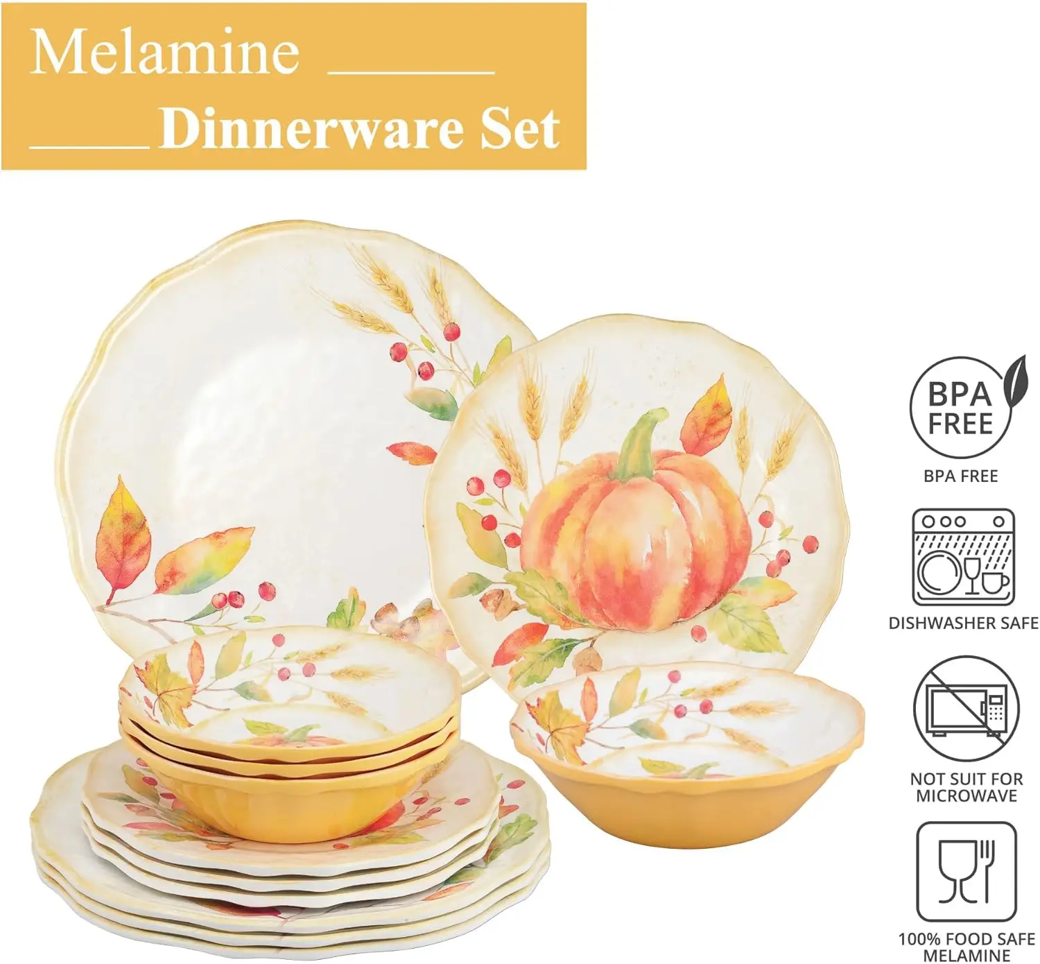 Ware 12-компонентные наборы столовой посуды из тыквы и меламина, набор уличной посуды, наборы тарелок и мисок, осенние украшения на День Благодарения, сервиз