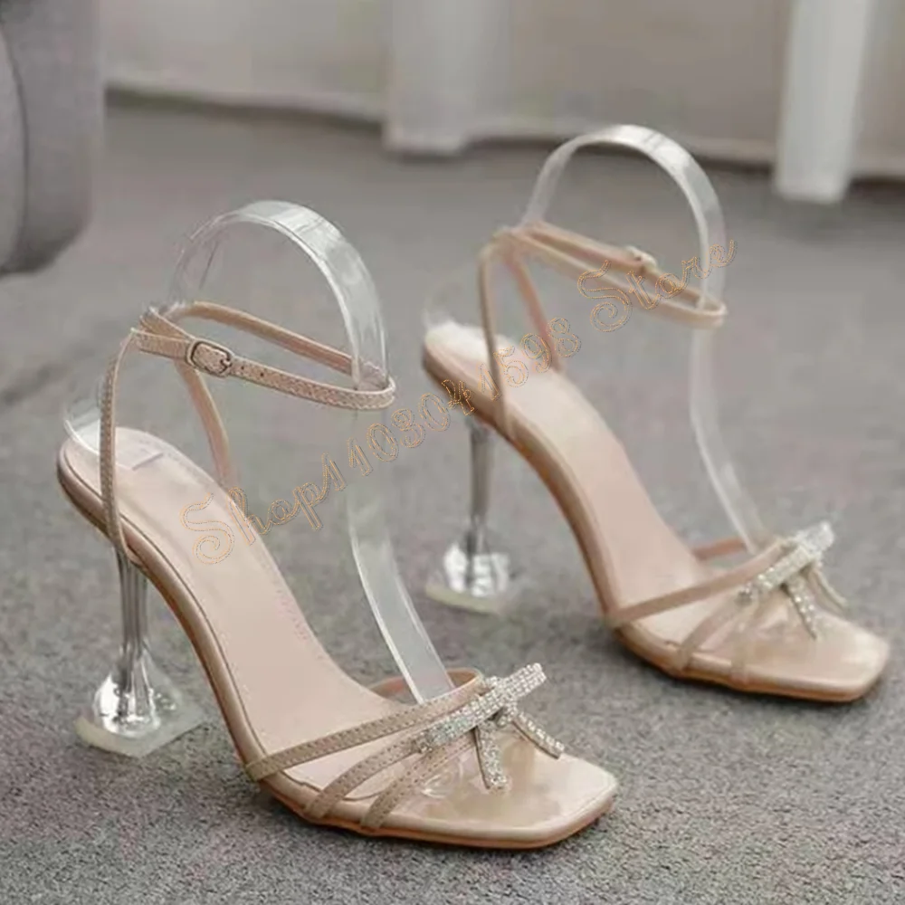 Punta quadrata cristallo fiocco nodo Decor sandali stile strano tacchi Sexy scarpe tacco alto per le donne tacchi 2024 nuovo Zapatos Para Mujere