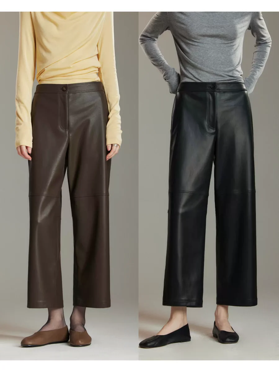 

2025 New European Sle Genuine eepskin Leather Pants High Waist Wide Leg Commute Faion Elastic Waist Slimming Trousers