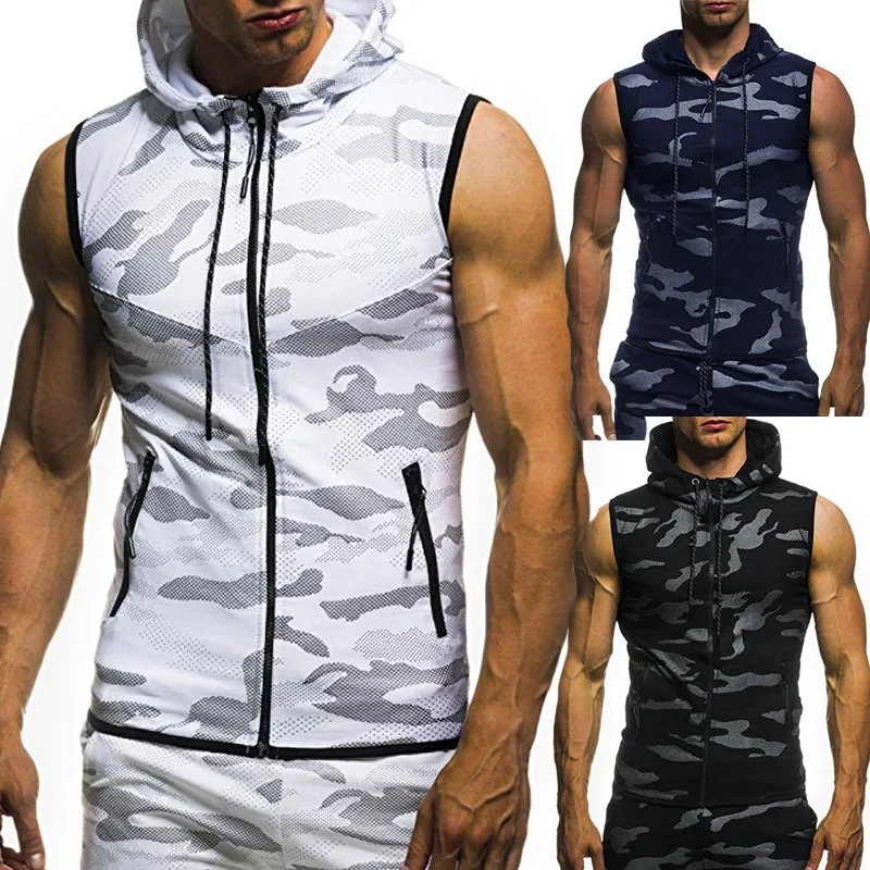 Colete com zíper com capuz masculino, Camuflagem Regata, Camisola de Fitness, Roupas esportivas, Regata sem mangas, Roupas de verão