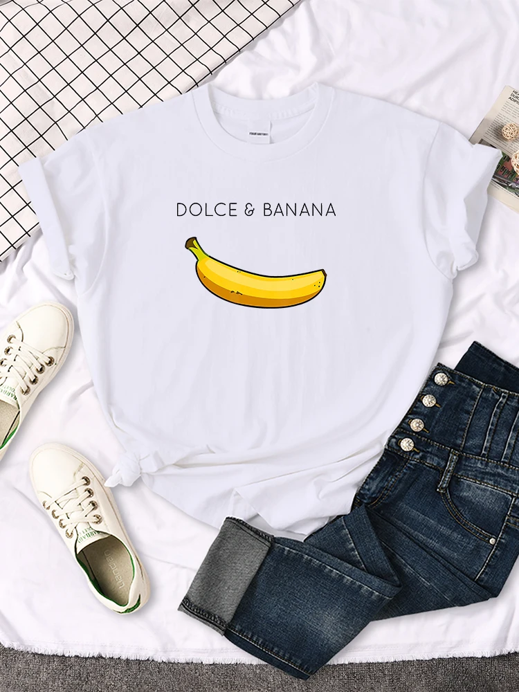 Dolce Banana Fruit Cartoon Print T-Shirt Womens Oversized Kawaii Round Neck Tops Summer Comfortable Breathable Female Slim Tees