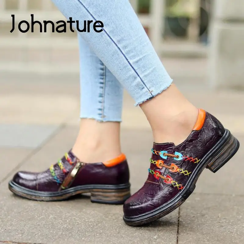 Johnature Retro Pumps Women Shoes 2022 New Spring Genuine Leather Round Toe Zip National Style Print Sewing Leisure Ladies Shoes