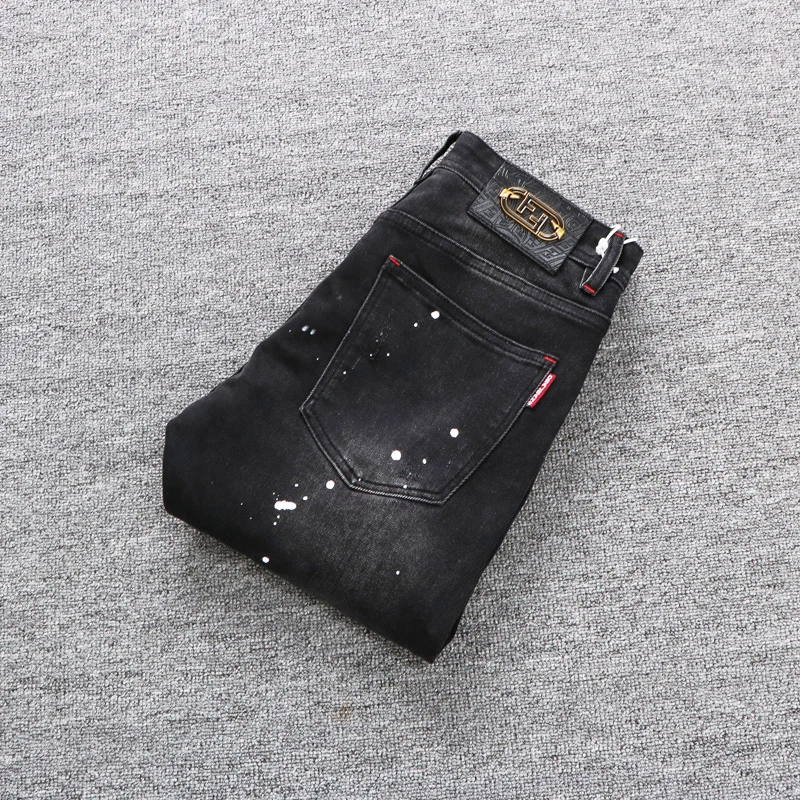High Street Fashion Men Jeans Retro Black Gray Elastic Slim Ripped Jeans Men Painted Designer Hip Hop Stretch Denim Pants Hombre