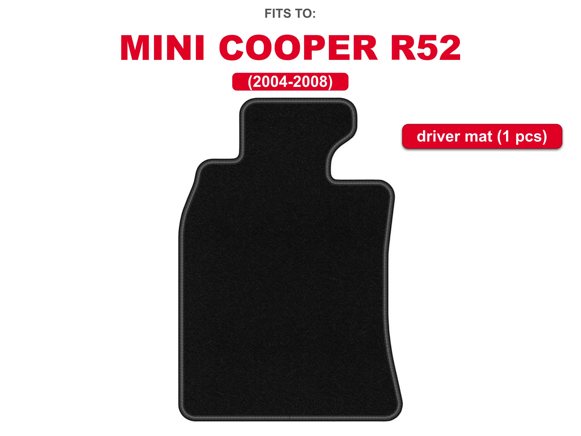 Tapijt voor bestuurderszijde, fluweelzwart, voor: Mini Cooper R52 2004-2008 Cabriolet, vloermat 1 stuk voor bestuurdersvoet, op maat gemaakt