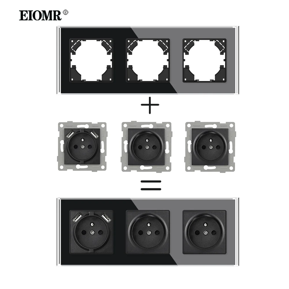 EIOMR France Standard Usb Wall Socket Black Crystal Glass Panel 16A 110-250V with Iron Claw Multi Electrical Socket and Switche