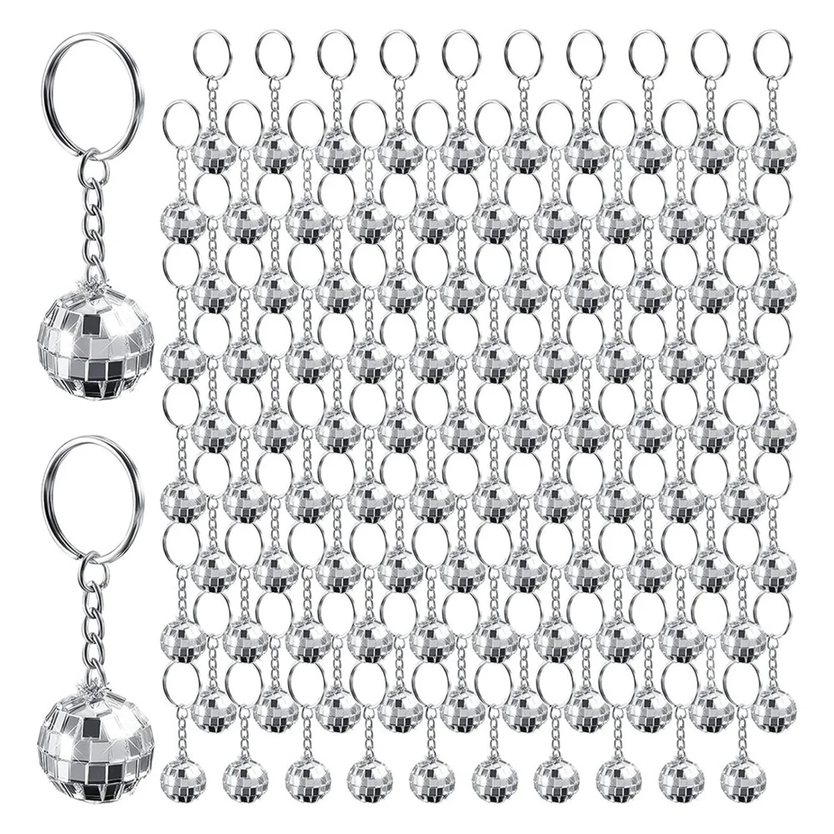 ABVA-96Pcs Mini Disco Ball Keychains Disco Ball Favors Mirror 70s 80s 90s Disco Keychain Bulk Silver Disco Accessories