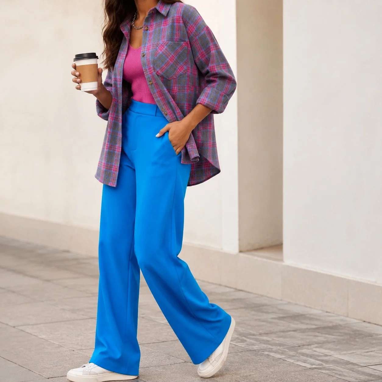 Plaid Loose Fit Shirt with Turn Down Collar Mid Long Length Elegant Women Blouse Long Sleeve Wrinkle Finish No Stretch Winter